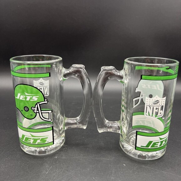 Set Of 2 Vintage New York Jets Handled Heavy Glass Beer Mugs Libby NFL 1980s - Picture 3 of 12